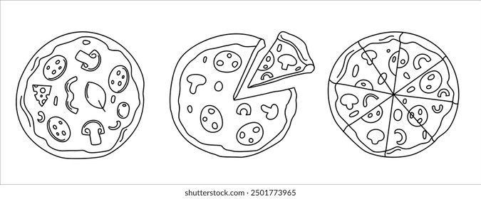 Conjunto de doodle de pizza, piezas de pizza en rodajas e ingredientes.