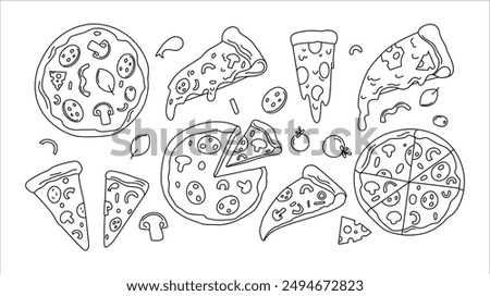 Set of pizza doodle, sliced pizza pieces and ingredients.