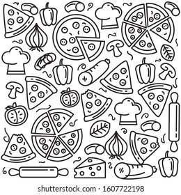 Conjunto de doodles de pizza ilustración vectorial y sus ingredientes - Fondo de doodle de Pizza 