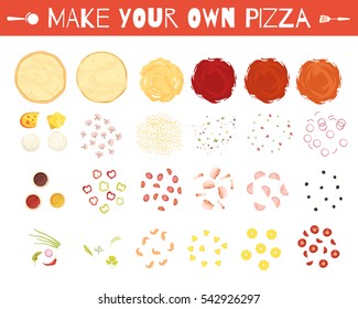 Set of pizza elements in cartoon style with dough vegetables cheese and meat sauces isolated vector illustration 