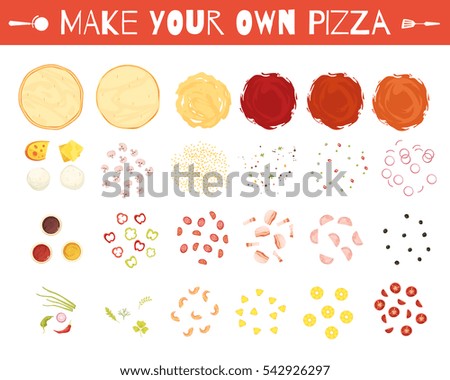 Set of pizza elements in cartoon style with dough vegetables cheese and meat sauces isolated vector illustration 
