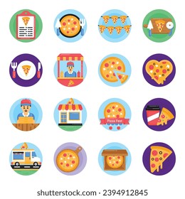 Juego de iconos redondos planos del Pizza Fest
