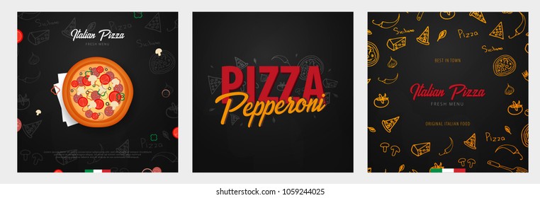 Set of Pizza food menu for restaurant and cafe. Design with hand-drawn graphic elements in doodle style. Vector Illustration