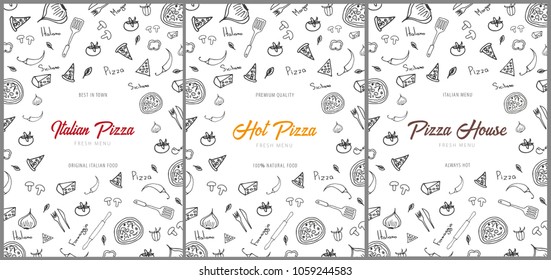 Set of Pizza food menu for restaurant and cafe. Design with hand-drawn graphic elements in doodle style. Vector Illustration
