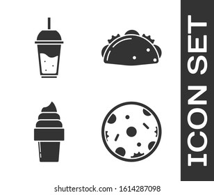 Set Pizza, Glass of lemonade with drinking straw, Ice cream in waffle cone and Taco with tortilla icon. Vector