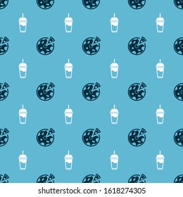 Set Pizza and Glass of lemonade with drinking straw on seamless pattern. Vector