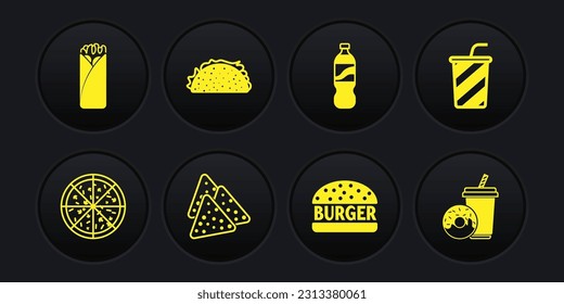 Set Pizza, Glass with water, Nachos, Burger, Bottle of, Taco tortilla, Soda drink donut and Burrito icon. Vector