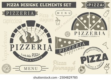 Conjunto de pizza de letras escritas a mano logotipo, etiqueta, insignia. Emblema para restaurante de comida rápida, pizzería, cafetería. Ilustración vectorial