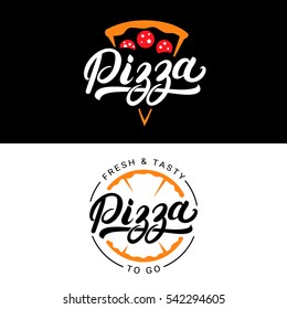 Set of pizza hand written lettering logo, label, badge. Emblem for fast food restaurant, pizzeria, cafe. Isolated on background. Vector illustration.