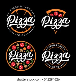 Set of pizza hand written lettering logo, label, badge. Emblem for fast food restaurant, pizzeria, cafe. Isolated on background. Vector illustration.