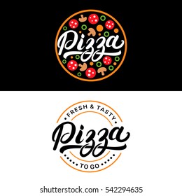 Set of pizza hand written lettering logo, label, badge. Emblem for fast food restaurant, pizzeria, cafe. Isolated on background. Vector illustration.