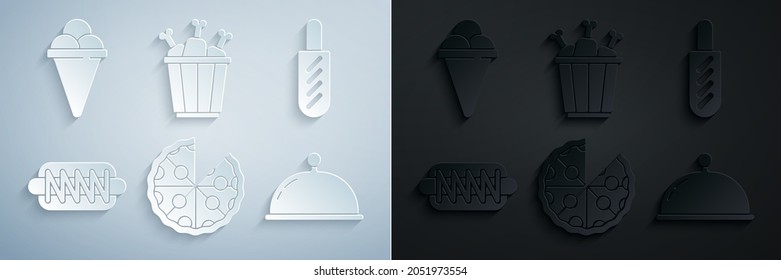 Set Pizza, Hotdog sandwich, Covered with tray, Chicken leg in package box and Ice cream waffle cone icon. Vector