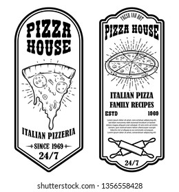 Set of pizza house flyers. Design elements for poster, card, banner, emblem, sign, label. Vector illustration