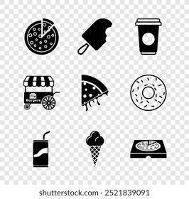 Set Pizza, Ice cream, Coffee cup, Soda can with drinking straw, waffle cone, cardboard box, Fast street food cart and Slice pizza icon. Vector