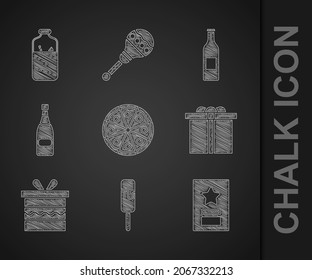 Set Pizza, Ice cream, Greeting card, Gift box, Champagne bottle, Beer and Mulled wine icon. Vector