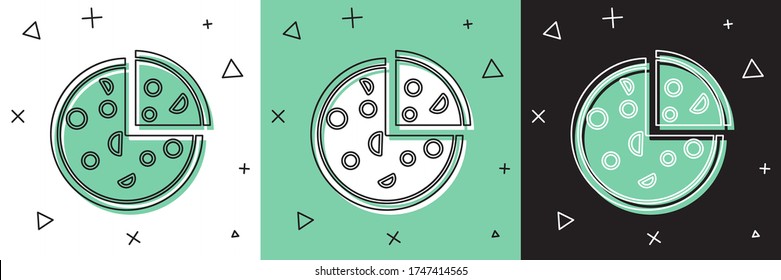Establece el icono Pizza aislado en fondo blanco y verde, negro. Menú de comida rápida.  Ilustración vectorial