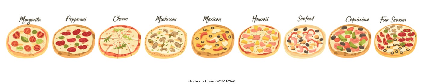 Set of Pizza Icons, Mushroom, Seafood, Pepperoni and Margarita, Mexican and Four Seasons. Cappriciosa, Cheese and Hawaii. Street Junk Meal, Takeaway Food, Italian Snack. Cartoon Vector Illustration