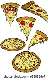 Set of pizza illustrations. Design elements for poster, menu, restaurant flyer. Pizza delivery. Vector illustration
