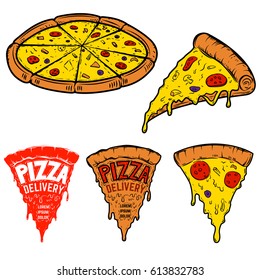 Set of pizza illustrations isolated on white background. Design elements for logo, label, emblem,sign. Vector illustration