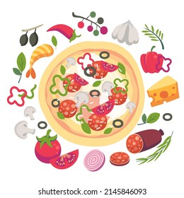 Set of pizza ingredients in cartoon style. Vector illustration.