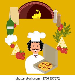 Set von Pizza Zutaten und kochen, Pizza, Eier, Öl, Mehl, Gewürze, Ofen, Käse, Tomaten. Malkunst der Vektorillustration