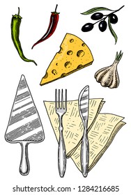 Set of pizza and ingredients for cooking. Spatula Napkins Garlic Olives Pepper. Hand drawn template for restaurant menu. Vintage sketch Doodle style.