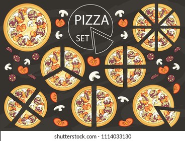 Set Pizza with ingredients. Different ways Slice Pizzas. Template design Pizza menu with kit traditional Ingredients. Delicious pieces of pizza. Vector food illustration. 