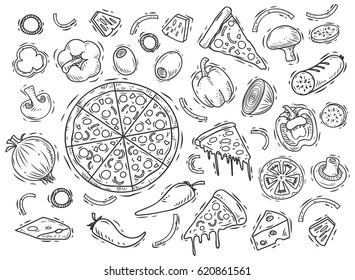 Set of pizza ingredients in doodle style isolated on white background