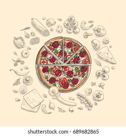 Set Of Pizza Ingredients In Doodle Style Isolated On White Background