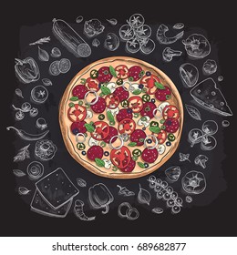 Set of pizza ingredients in doodle style isolated on white background