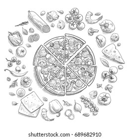 Set of pizza ingredients in doodle style isolated on white background