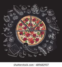 Set of pizza ingredients in doodle style isolated on white background