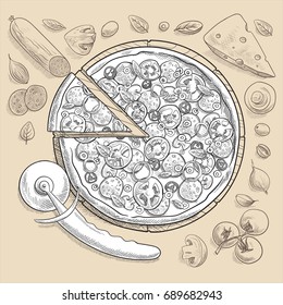 Set of pizza ingredients in doodle style isolated on white background
