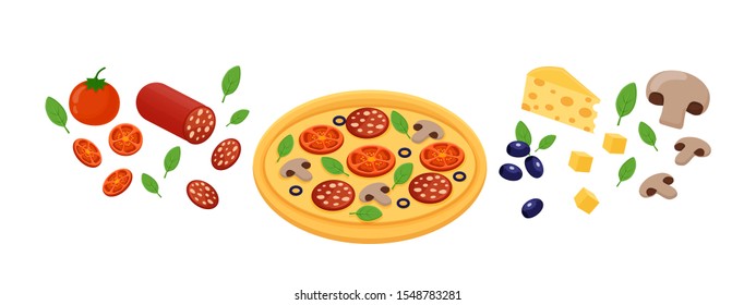 Set of pizza ingredients. Pizza and pizza products. Tomato, pepperoni, olives, cheese, mushrooms. Cartoon style vector images