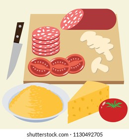 Set pizza ingredients: sausage, tomatoes, mushrooms, cheese. Flat vector illustration.