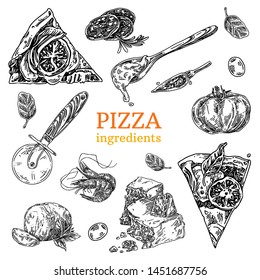 Set of pizza ingredients. Slices pizza, tomato, spoon with sauce, cutter, Parmesan, mozzarella, shrimps, sausage, basil , pepper and olive. Sketch. Engraving style. Vector illustration.