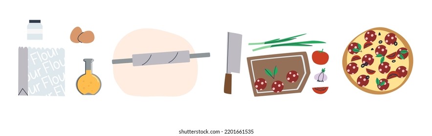 Set of pizza ingredients. Top view of a table with raw ingredients and a finished dish. Flat vector illustration, eps10