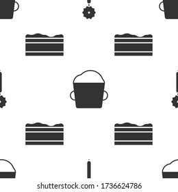 Set Pizza knife , Bakery bowl dough  and Brownie chocolate cake  on seamless pattern. Vector