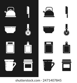 Set Pizza knife, Bowl, Kettle with handle, Knife, Cutting board, Jam jar and Coffee cup icon. Vector