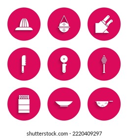 Set Pizza knife, Bowl, Kitchen colander, Honey dipper stick, Open matchbox matches, Bread, Knife and Citrus fruit juicer icon. Vector