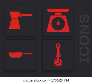 Set Pizza knife , Coffee turk , Scales  and Frying pan  icon. Vector