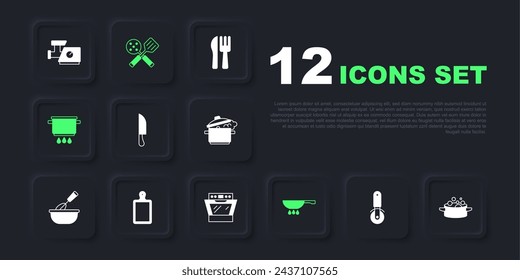 Set Pizza knife, Cooking pot, Knife, Frying pan on fire, Cutting board, Spatula and Oven icon. Vector