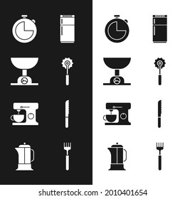 Set Pizza-Messer, Elektronische Waagen, Küchenzeitgeber, Kühlschrank, Elektrischer Mixer, Brot, Gabel und Französisch Pressesymbol. Vektorgrafik