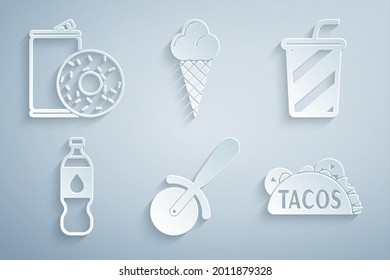 Set Pizza knife, Glass with water, Bottle of, Taco tortilla, Ice cream in waffle cone and Aluminum can soda and donut icon. Vector