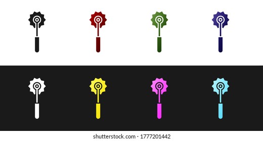 Set Pizza knife icon isolated on black and white background. Pizza cutter sign. Steel kitchenware equipment. Vector Illustration