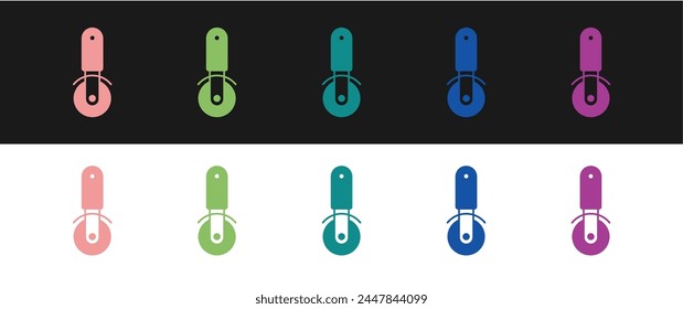 Set Pizza knife icon isolated on black and white background. Pizza cutter sign. Steel kitchenware equipment.  Vector