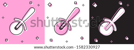 Set Pizza knife icon isolated on pink and white, black background. Pizza cutter sign. Steel kitchenware equipment.  Vector Illustration