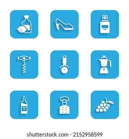 Set Pizza knife, Italian cook, Grape fruit, Coffee moca pot, Bottle wine, Wine corkscrew, Perfume and Limoncello bottle icon. Vector