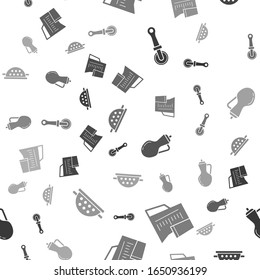 Set Pizza knife , Measuring cup, Bottle of olive oil  and Kitchen colander  on seamless pattern. Vector