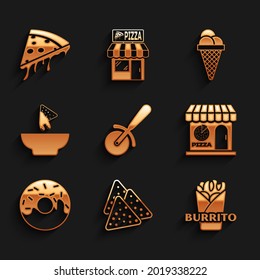 Set Pizza knife, Nachos, Burrito, Pizzeria building facade, Donut, plate, Ice cream waffle cone and Slice of pizza icon. Vector